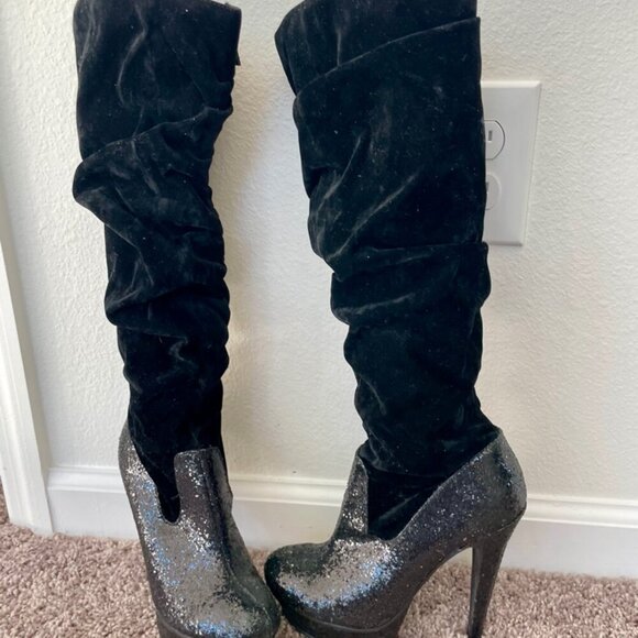 Michael Antonio knee Boots glitter faux suede Sz 5.5  Heels Baddie - Picture 3 of 12